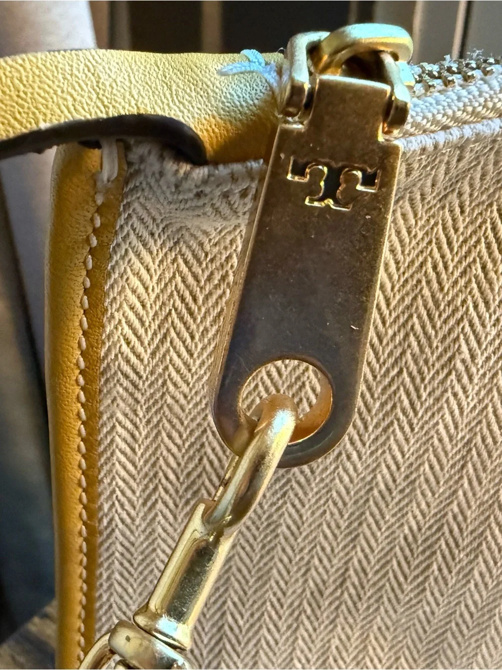 Tory Burch Beige Canvas Wristlet with Yellow Trim